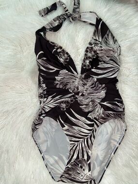 Tommy Bahama Brown & White Botanical Halter Ruched One-Piece